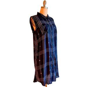 Triple Five Soul Button Front Plaid Tunic Dress - Navy Blue Size  Woman Medium